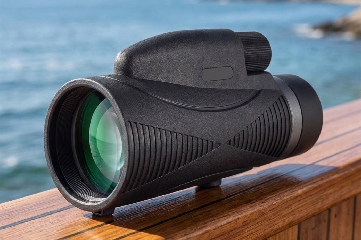 Waterproof monocular shown in a coastal setting
