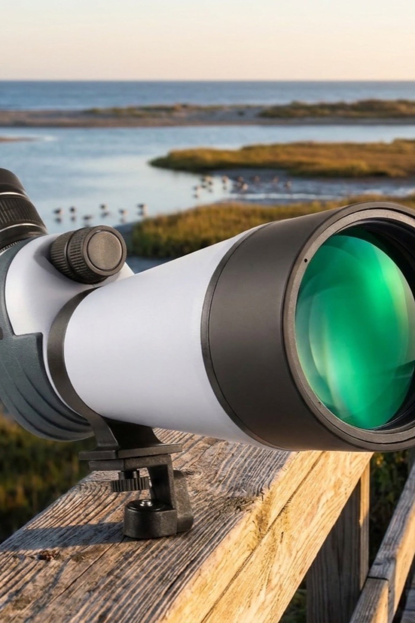 Spotting scope positioned for shoreline observation